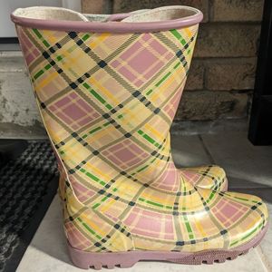 Sperry rubber rain boots US 7 pink and yellow plaid